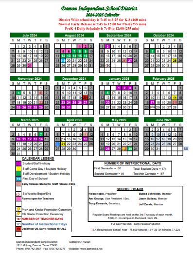 2024-2025 Damon ISD District Calendar